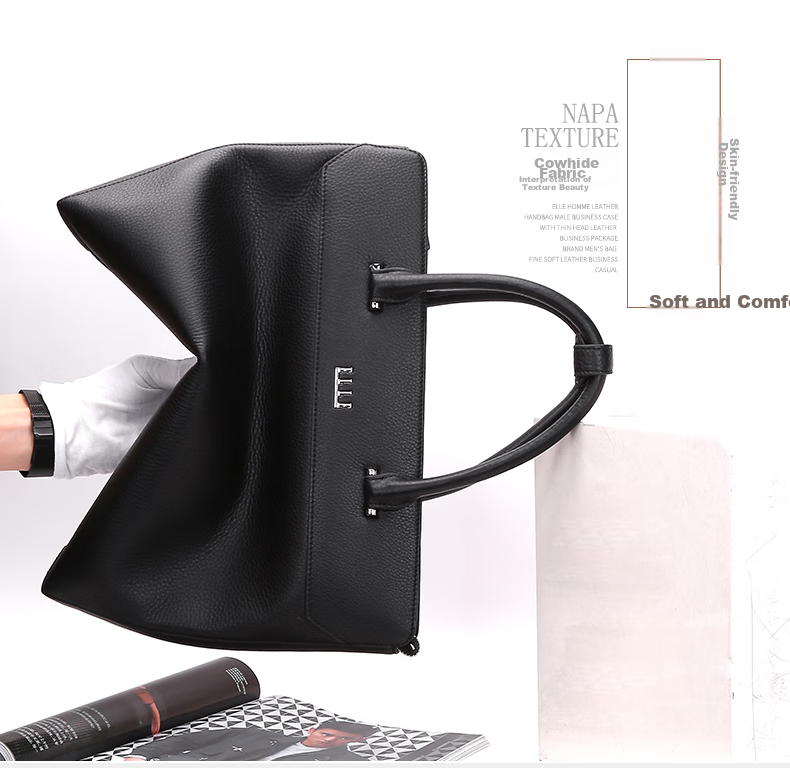 ELLE HOMME Men's Business Briefcase, Handheld Work Bag Horizontal Style Top Layer Cowhide Laptop Bag Large Capacity Fashionable Men's Bag EA888200411 Black 6