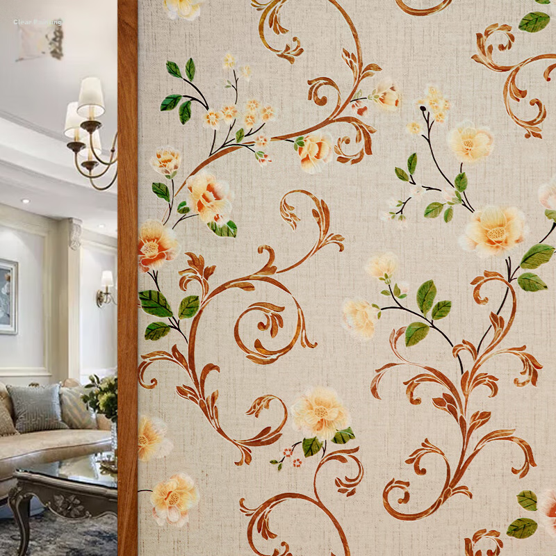 Qinghua Bathroom Privacy Film, Light-Transmitting But Opaque, Window Privacy Sticker, Colorful Peony Pattern, 90*200cm