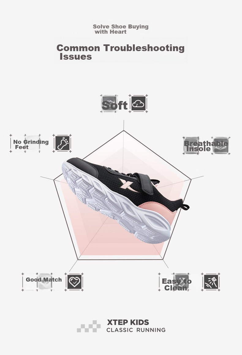 XTEP Children's Shoes Girls' Mesh Upper Basic Soft Sports Running Shoes Black/Romantic Pink Size 35 2