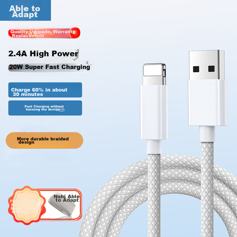 Nengshi Apple Charging Cable, 2.4A Fast Charging Data Cable, Suitable for IPhone 14/13 Pro Max/12/11/X/XR/8/7 Phones And IPad Tablets, Car-Mounted Braided Cable, 1.5 Meters, White