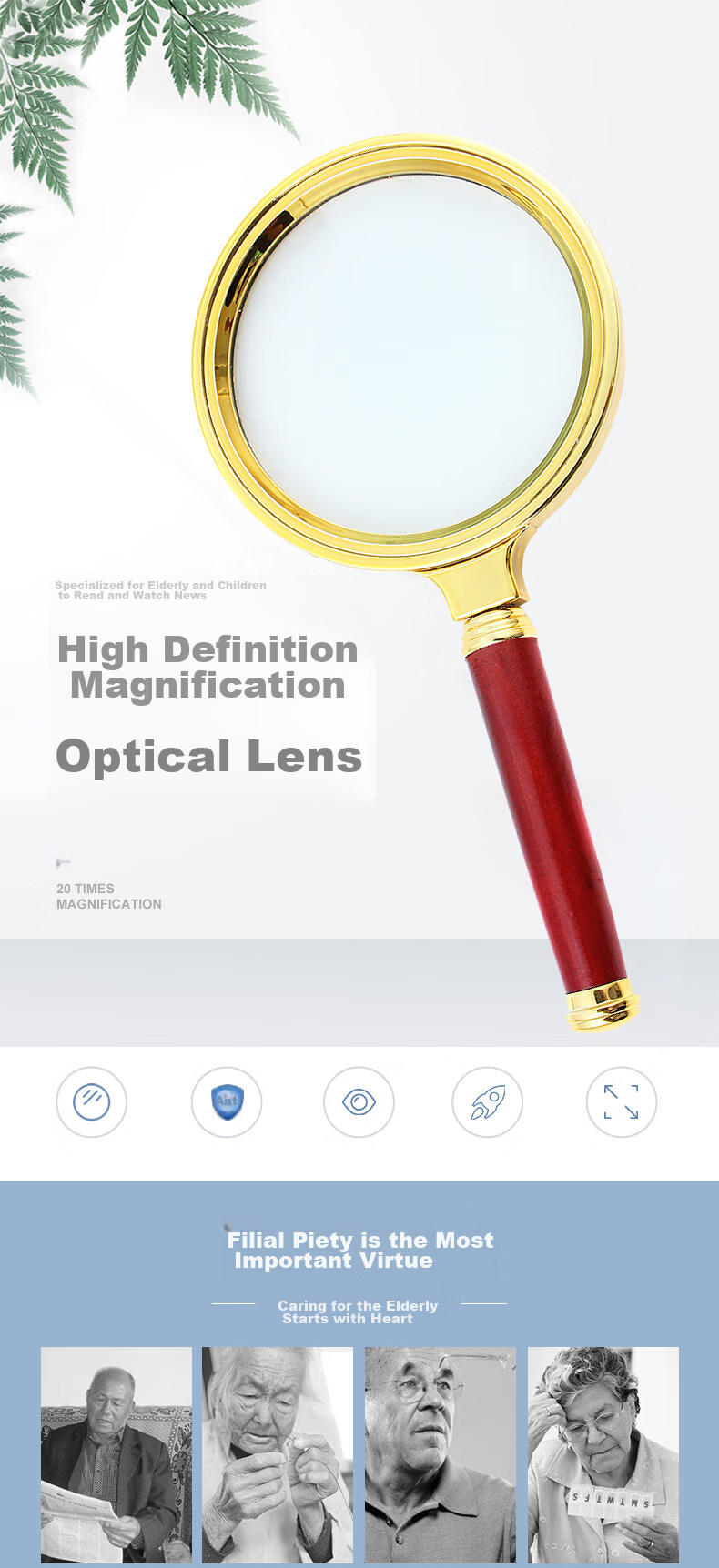 JAJALIN Optical Handheld 3x Magnifying Glass with Imitation Rosewood Frame, Plastic Edge, ABS Handle, 80MM Diameter 1