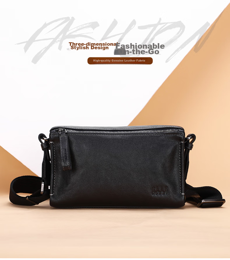 ELLE HOMME Men's Crossbody Bag, Fashionable Genuine Leather Shoulder Bag, Casual Large-Capacity Small Satchel Cowhide Men's Bag 206730 Black Birthday Gift for Boyfriend 7