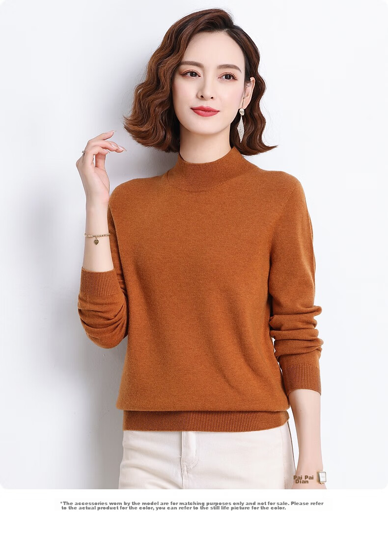 Hengyuanxiang 100% Pure Wool Sweater for Women, Semi-Turtleneck, Loose-Fitting Base Layer, Autumn And Winter Fashion Women's Knit Top 17