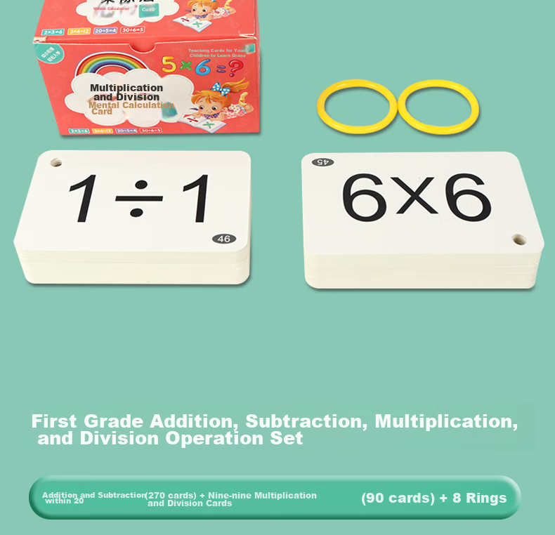 Huashimeng Mental Math Flashcards for First Grade Mathematics: Addition, Subtraction, Multiplication, And Division Tables, 0-20 Addition And Subtraction, 99 Multiplication And Divisio 10