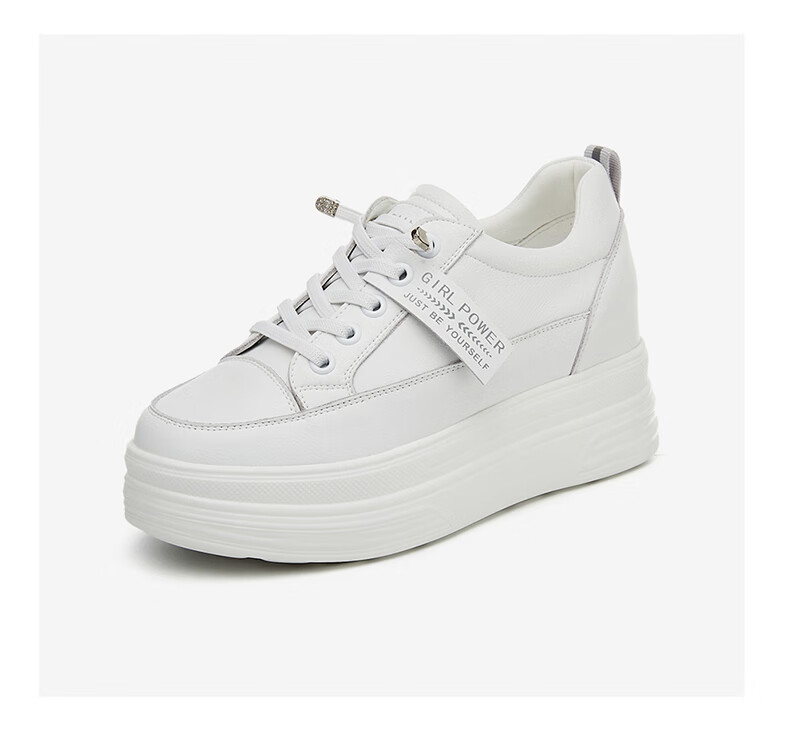 DAPHNE Women's White Leather Versatile Thick-Soled Casual Sneakers with Hidden Heel, Style 4623101013, Black, Size 34 17