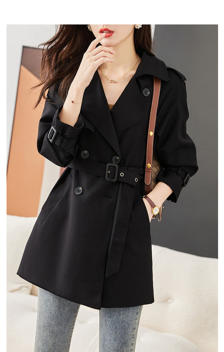 Dme Double-Breasted Trench Coat, Spring And Autumn Suit Collar H-Type Double-Breasted Long-Sleeve Trench Coat for Women, Mid-Length Style, Deep Khaki, S 14