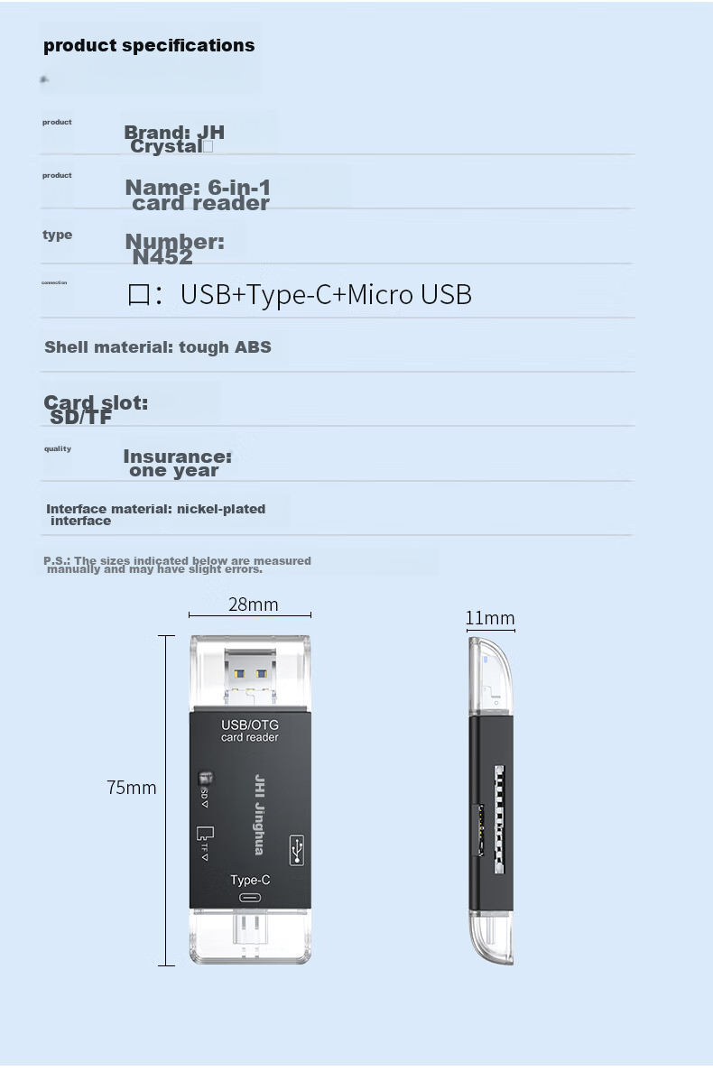 Jinghua USB Multi-Function High-Speed Card Reader SD/TF Six-In Card Reader Supports Phones, Laptops, DSLR Cameras, Dash Cams, Memory Cards Black N452 13