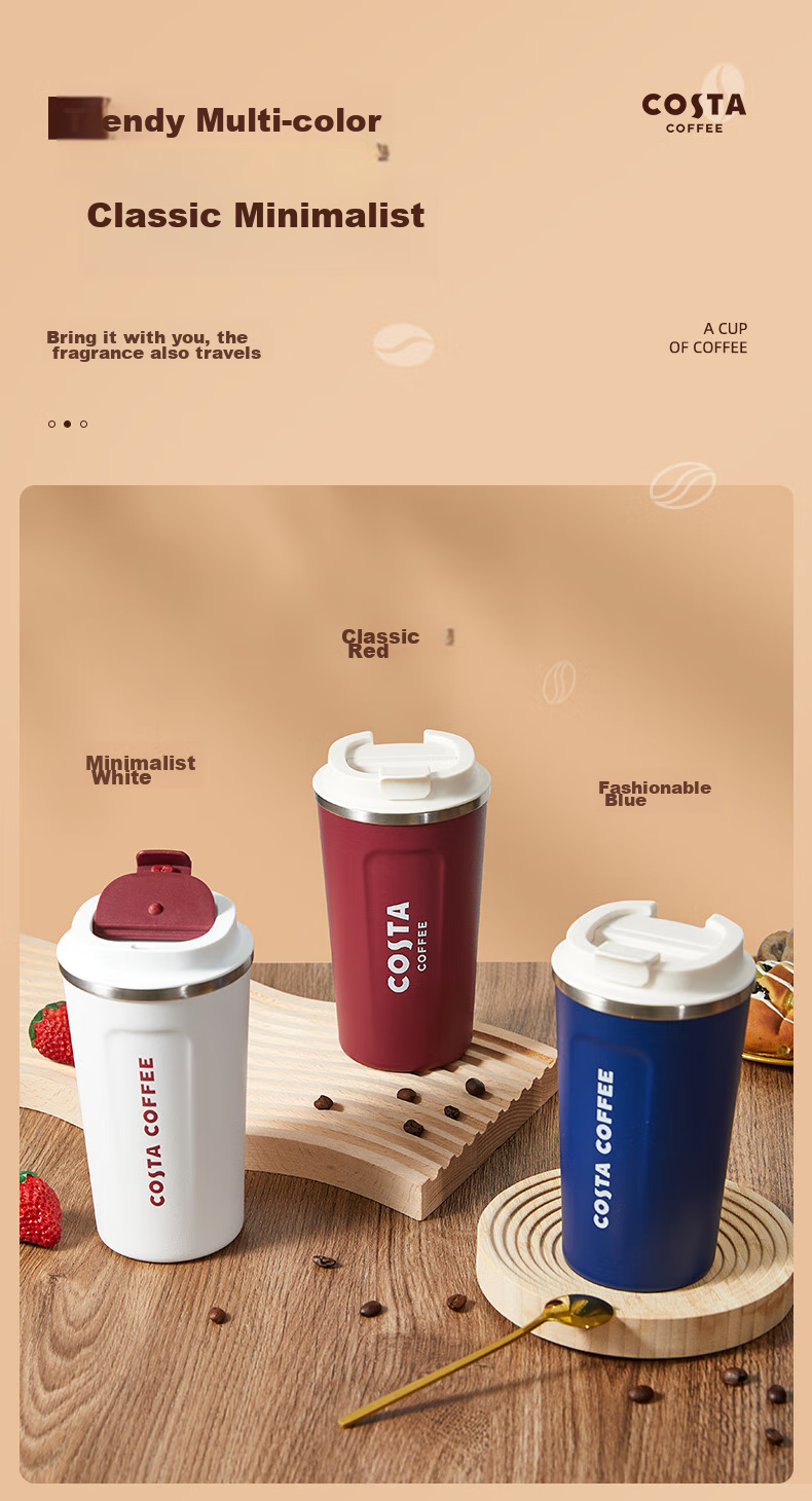 COSTA Stainless Steel Coffee Mug with Lid, Portable Travel Cup for Men And Women, Car-Friendly Insulated Water Bottle, Gift 3