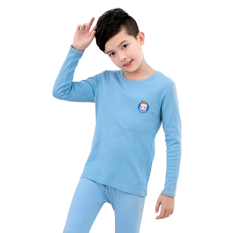 Hengyuanxiang Children's Cotton Underwear Set Boys Youth Autumn Clothes and Pants Boys Middle and Large Student 100% Cotton Pajamas Homewear Vitality Blue 175