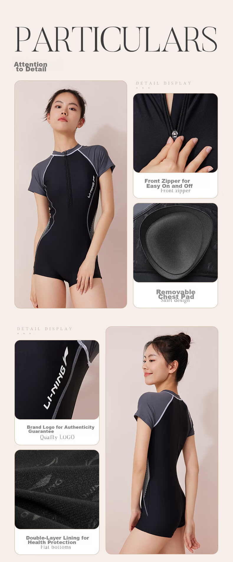 Li-Ning Women's Professional One-Piece Boyleg Swimsuit, Short-Sleeve Quick-Dry Conservative Swimwear LNYT035, Black And Gray, XXL 8