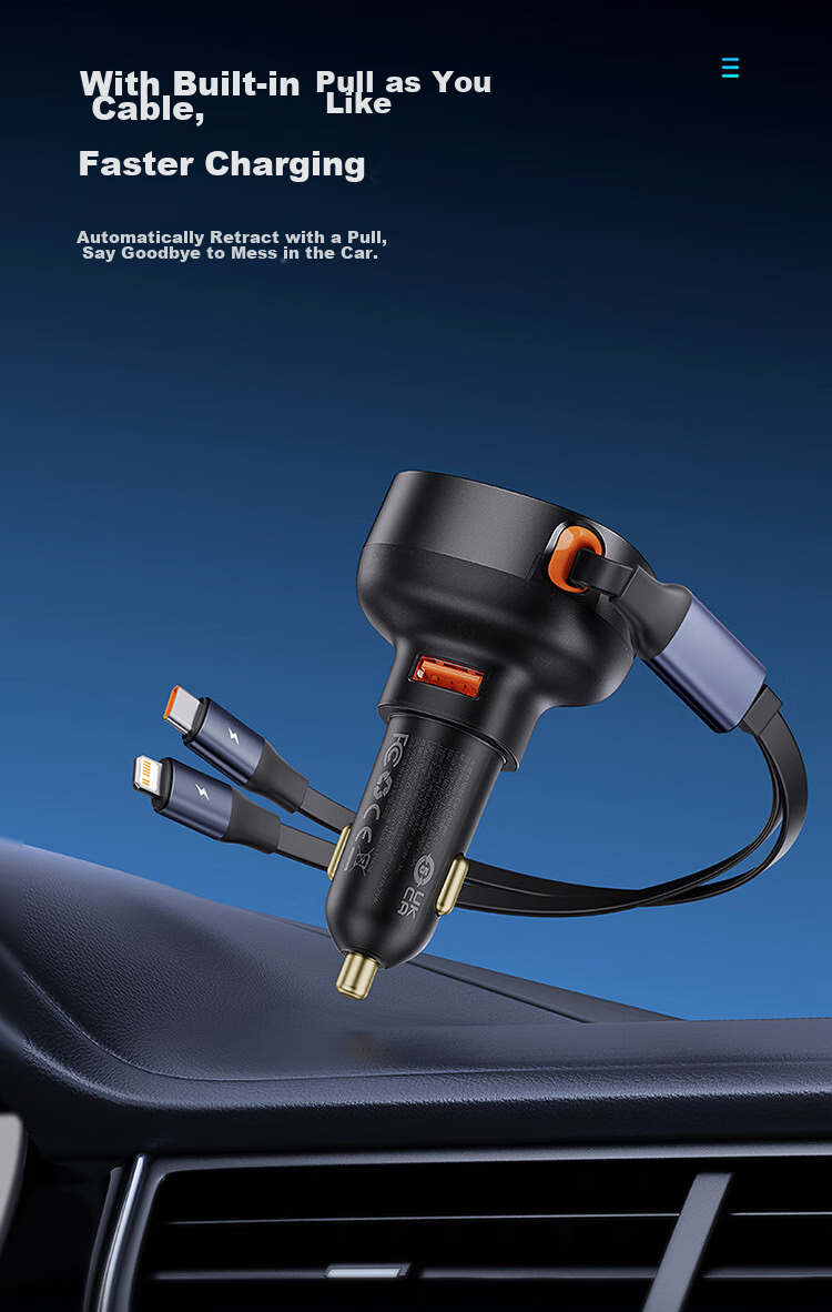 Baseus Car Charger Cigarette Lighter Three-In Super Fast Charging Adapter with Retractable Cable Compatible with Apple, Huawei, Xiaomi 3