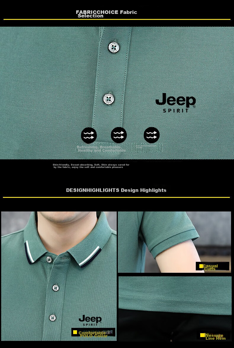 JEEP SPIRIT Men's Short Sleeve T-Shirt Summer Polo Shirt Casual Versatile Top Blue Green 3XL 9