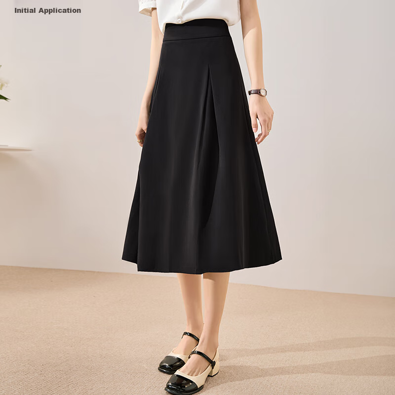 Chushen Spring And Autumn Midi Skirt for Women, Professional Commute OL Style, Black Mid-Length Draping High-Waist A-Line Flared Skirt S13JB2806