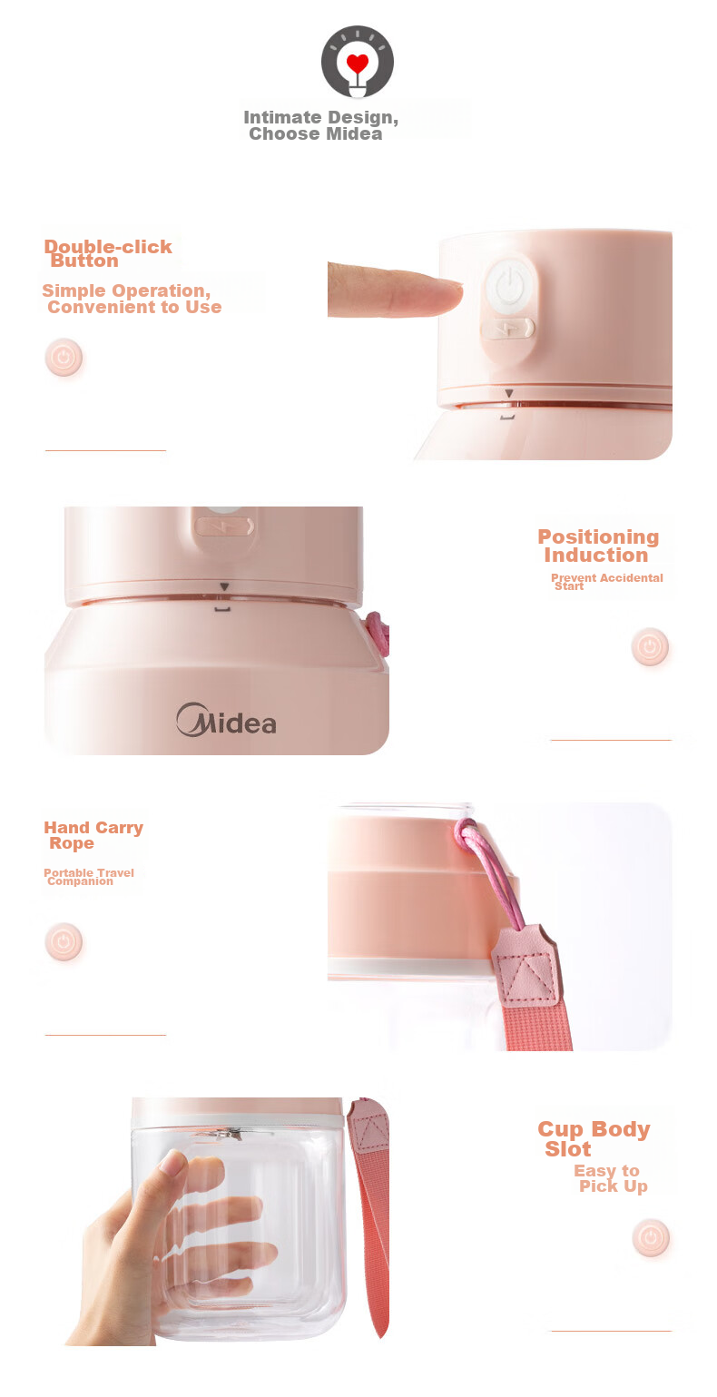 Midea Juicer Cup, Portable Home Juicing Machine, Orange Juice Maker, Food Processor, Blender Cup, Wireless Charging Juice Maker, Outdoor Portable Juice Cup MJ-LZ106 15