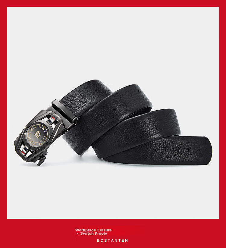 BOSTANTEN Men's Genuine Leather Belt with Automatic Buckle, Top-Grain Cowhide Trouser Belt, Business Casual Leather Belt Gift Box 11