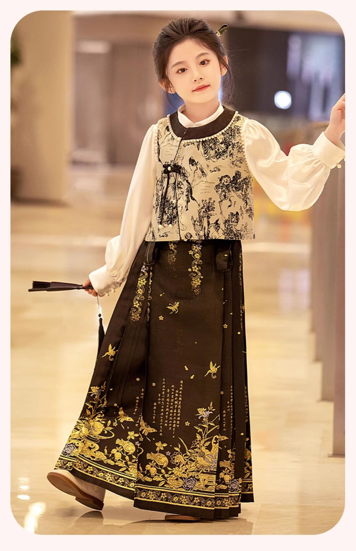 Romon Horse Mask Skirt National Style Spring Summer Hanfu Girls' Performance Outfit Jinyu Woven Gold Horse Mask Skirt Three-Piece Set Size 110 7
