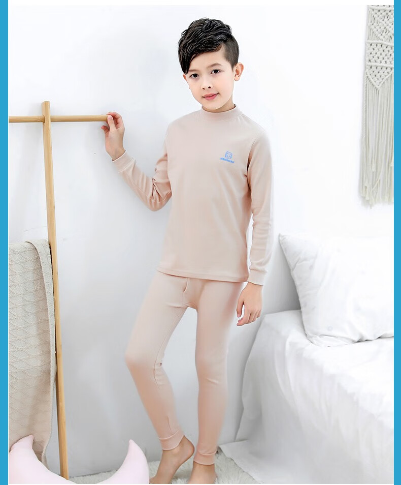 Hengyuanxiang Boys' Children's Underwear Set Youth Pure Cotton Mid-Neck Autumn Shirt and Pants Sleepwear for Boys and Students 37