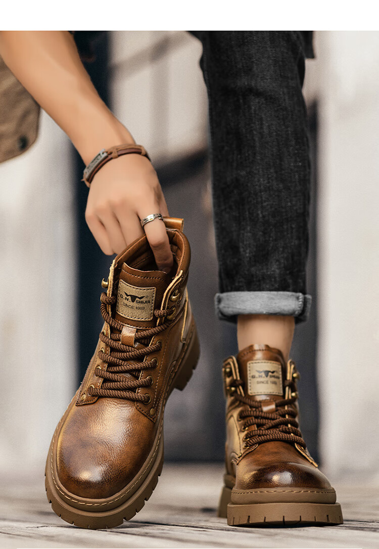 Bull Family Men's Autumn Winter Martin Boots Trendy Versatile Work Shoes Retro Durable Leather Boots for Men 25