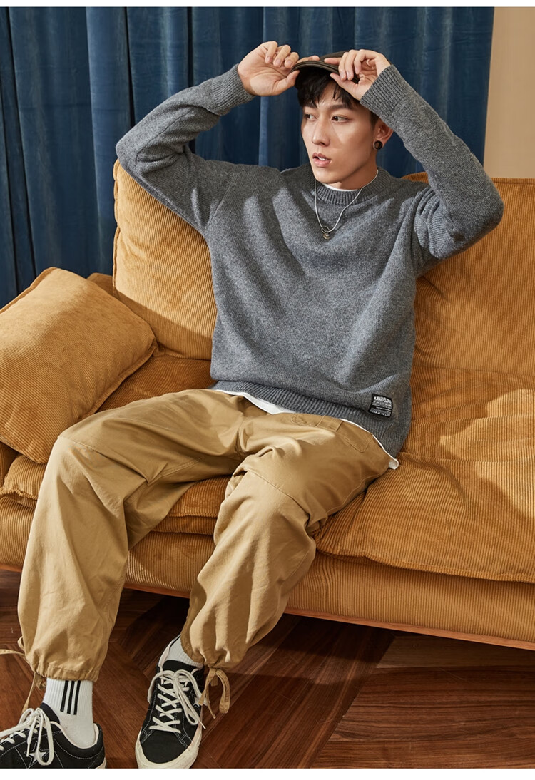 TonLion 2022 Men's Sweater, Solid Color Basic Versatile Base Layer Round Neck Knit Sweater for Men, Flax Gray, S 16