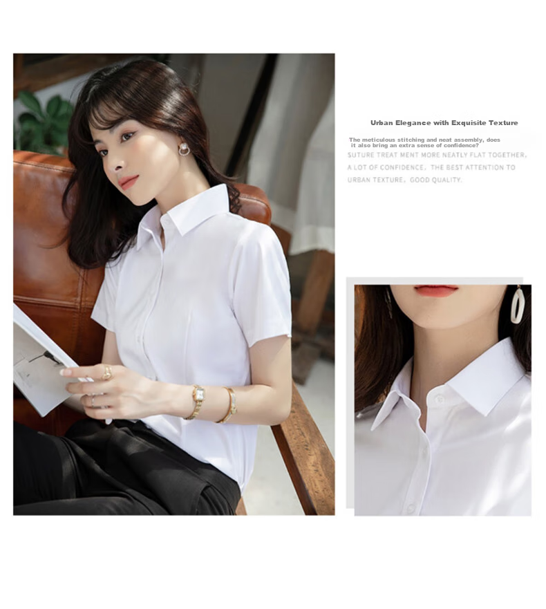 XUEXIMAN Short-Sleeve Shirt for Women, Work Uniform Blouse, Business Casual Slim-Fit Professional Wear, Summer Work Clothes, Square Collar, White 14