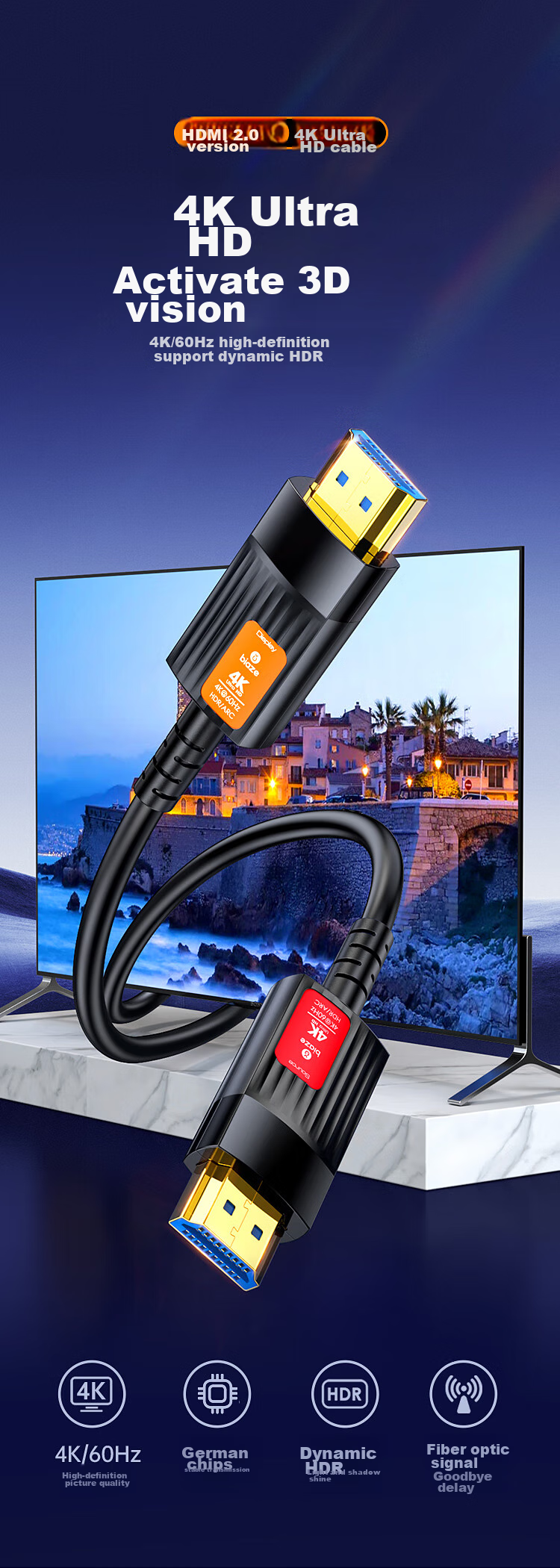 BIAZE Fiber Optic HDMI Cable Version 2.0, 15 Meters, 4K High-Definition Cable for Computer, TV, Projector, Home Theater, 3D Video Cable for Engineering And Renovation Connection HX96 1