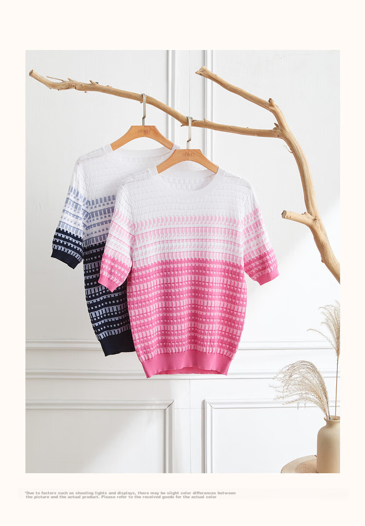 Dme [Bingchuan Meiros] Spring And Summer Double-Curved Ice Linen Sweater, Round Neck, Contrasting Color Jacquard, Petite Knit Top for Wome 11