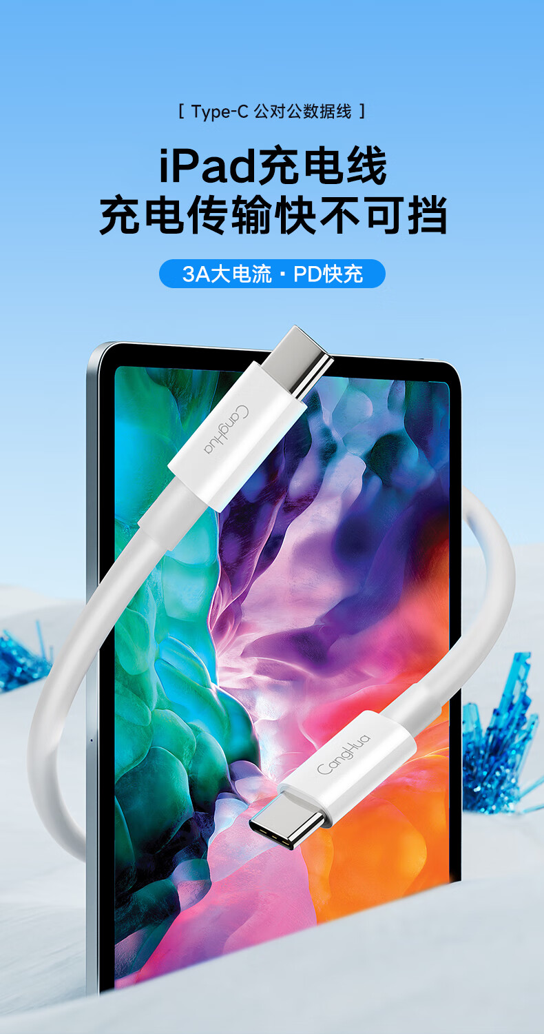 CangHua Compatible with IPad Charging Cable, Apple Tablet Dual-Head Type-C Data Cable, Suitable for 18/20/21/22/2024 Models of IPad Pro/Air6/5/4/Mini7/6/10 1