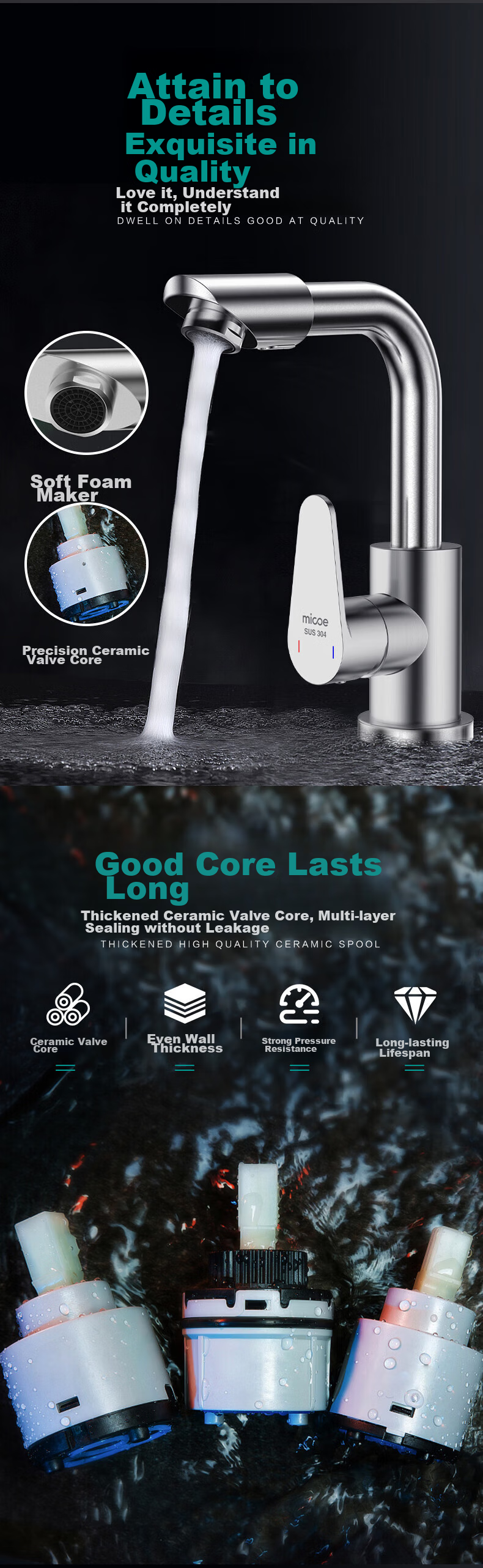 MICOE Basin Faucet Series, 304 Stainless Steel, Hot And Cold, 360° Rotating, Bathroom Washbasin And Face Washing Tap 10