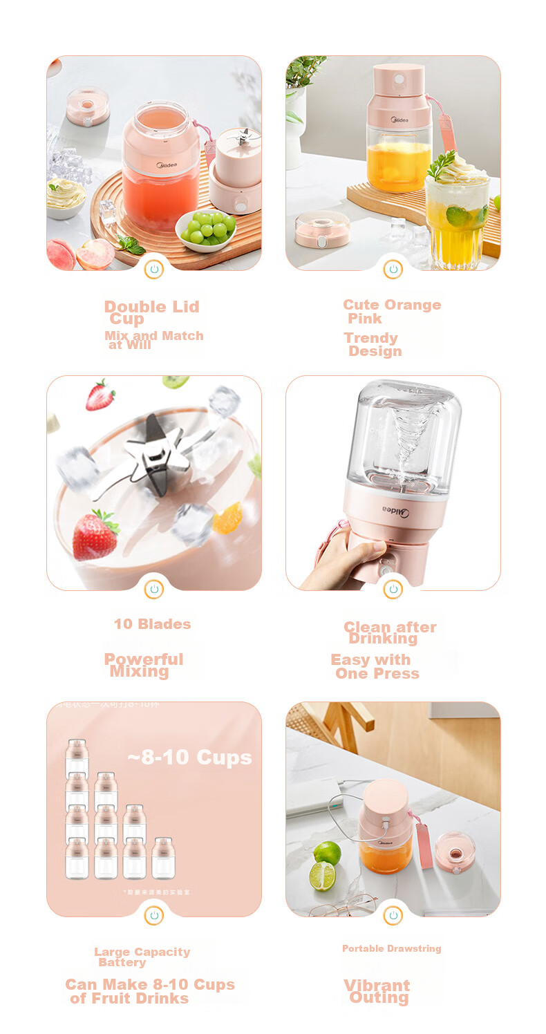 Midea Juicer Cup, Portable Home Juicing Machine, Orange Juice Maker, Food Processor, Blender Cup, Wireless Charging Juice Maker, Outdoor Portable Juice Cup MJ-LZ106 2