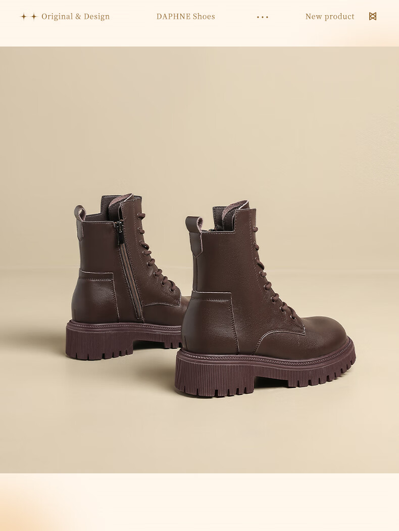 DAPHNE Black Martin Boots for Women, 2025 Autumn And Winter Fleece-Lined Leather Boots, Thick-Soled British Style Heightening Boots, Ankle Boots 9