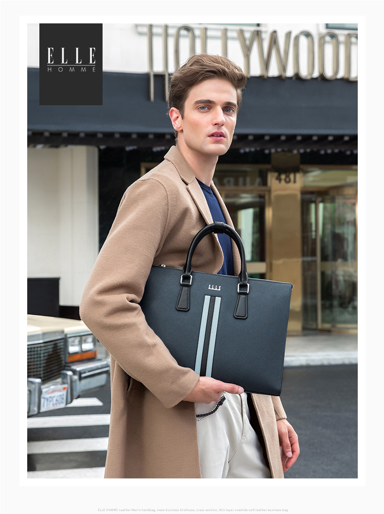 ELLE HOMME Men's Business Briefcase, Stylish Horizontal Leather Handbag with Large Capacity for Laptop, EA988200310, Blue 1