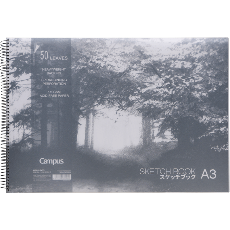 KOKUYO A3 Sketchbook, Student Drawing Notebook, Campus PP Cover Spiral-Bound Sketchbook, 50 Sheets Per Book, WCN-PS7051N