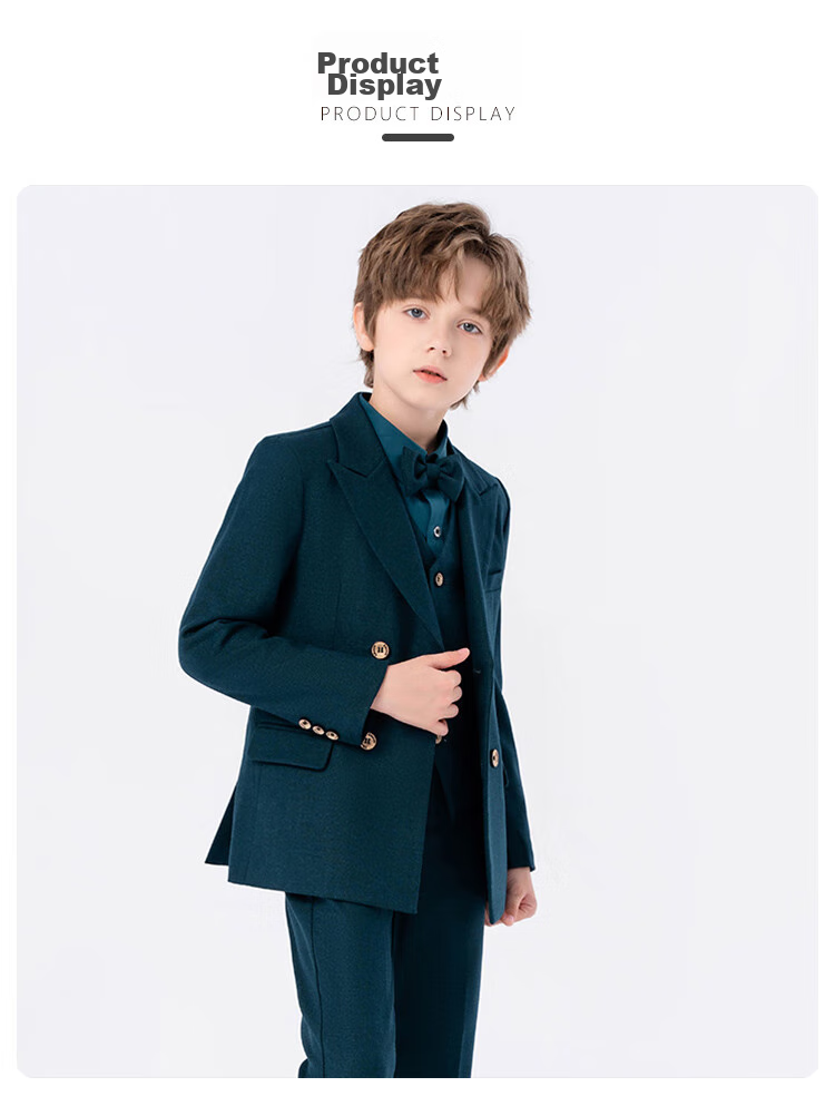 LUOBOBEIBEI Children's Suit Set, Boys' Formal Wear, Wedding Flower Boy Suits, New Year Greeting Outfits, Dark Green Five-Piece Set, Size 120 14
