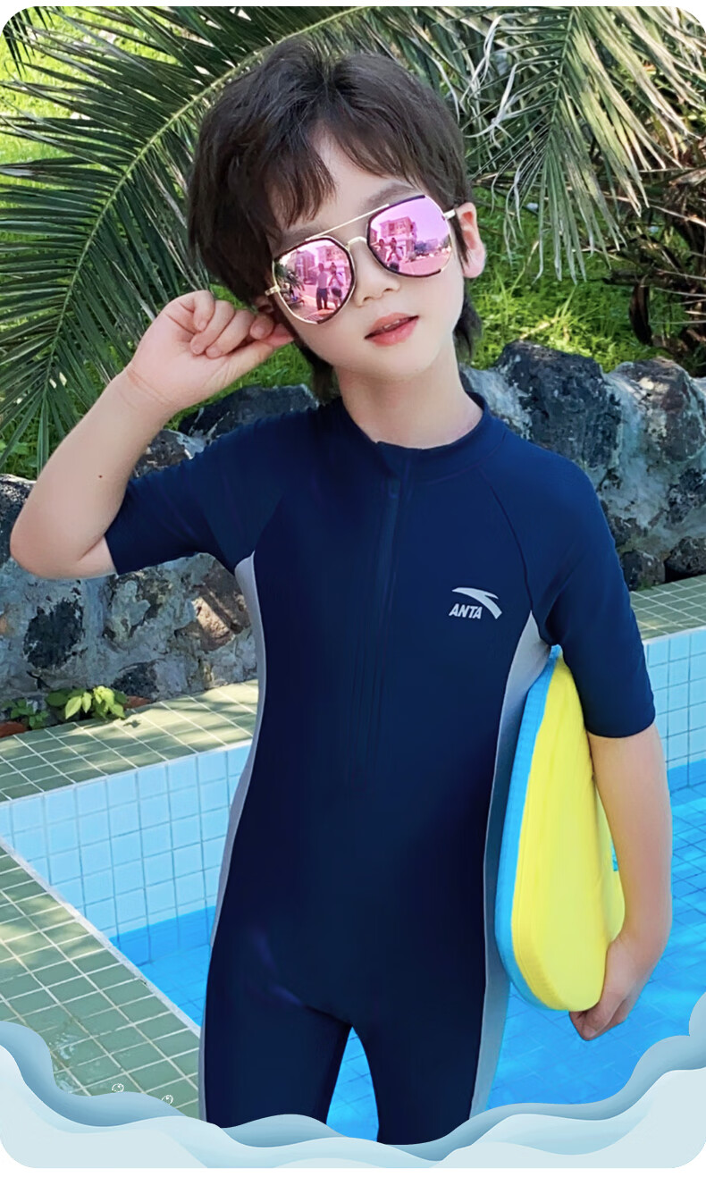 ANTA Boys' Swimwear 2024 New Kids' One-Piece Quick-Dry Youth Professional Training Swimsuit Blue White 150 2
