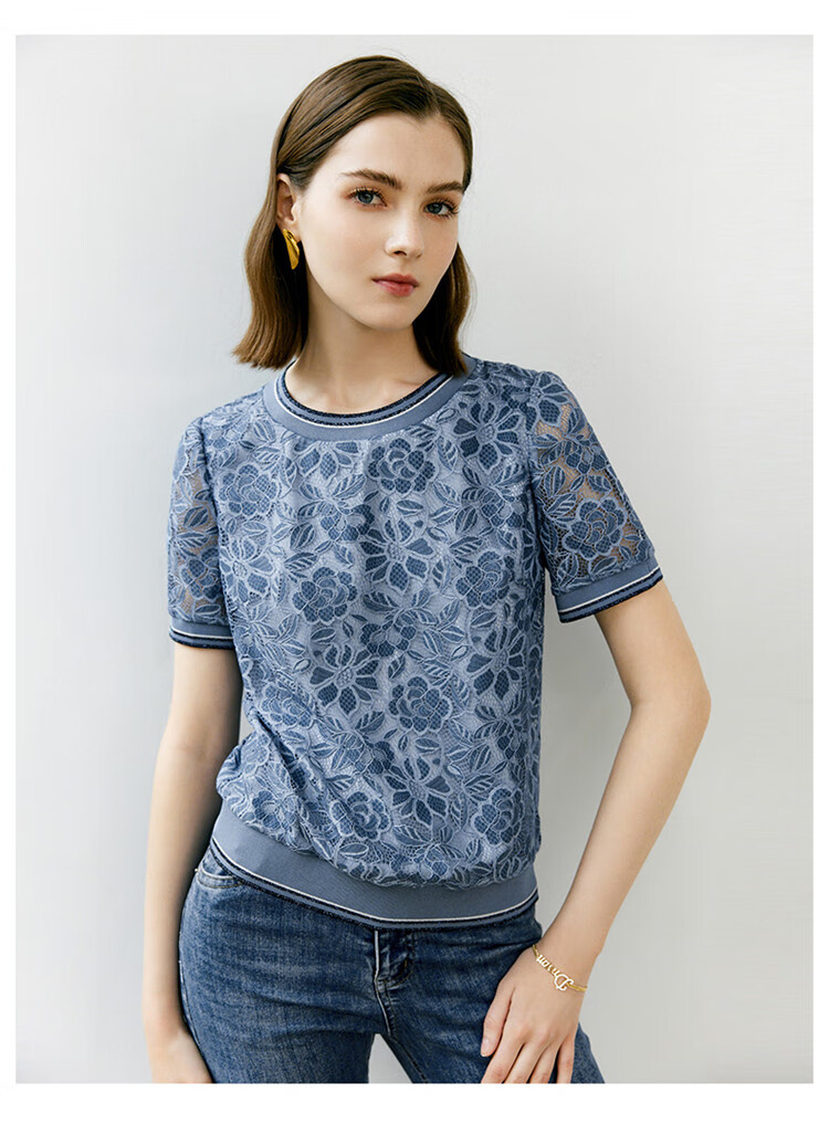 YANYEE Crochet Hollow Lace Top Women 2023 Summer Light Mature Style Short Loose T-Shirt Blue S/36 9