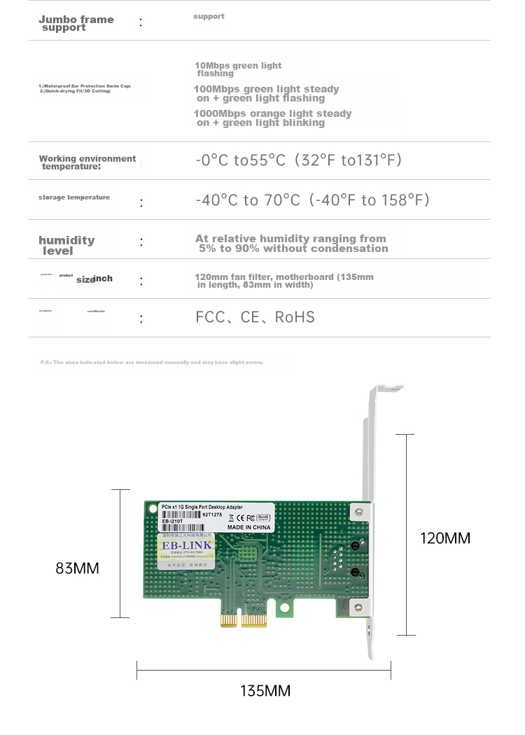 EB-LINK Intel I210 Chip PCI-E X1 Gigabit Single-Port Desktop Wired Network Card Server Supports Linux 11