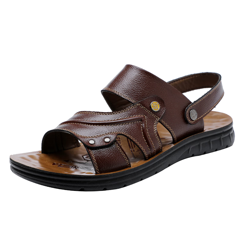 CARTELO Genuine Leather Sandals for Men, Breathable Top-Grain Cowhide Beach Shoes, Men's Outdoor Dual-Wear Slippers 9252 Brown Size 40
