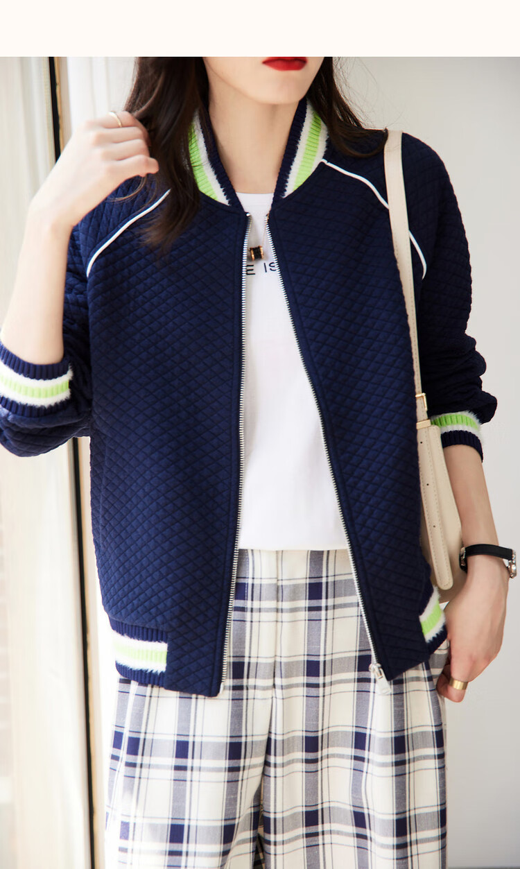 Dme Knitted Chanel-Style Spring And Autumn Baseball Collar Long-Sleeve Zipper Slightly Stretchy Quilted Jacket for Women, Short Style, Off-White, M 34