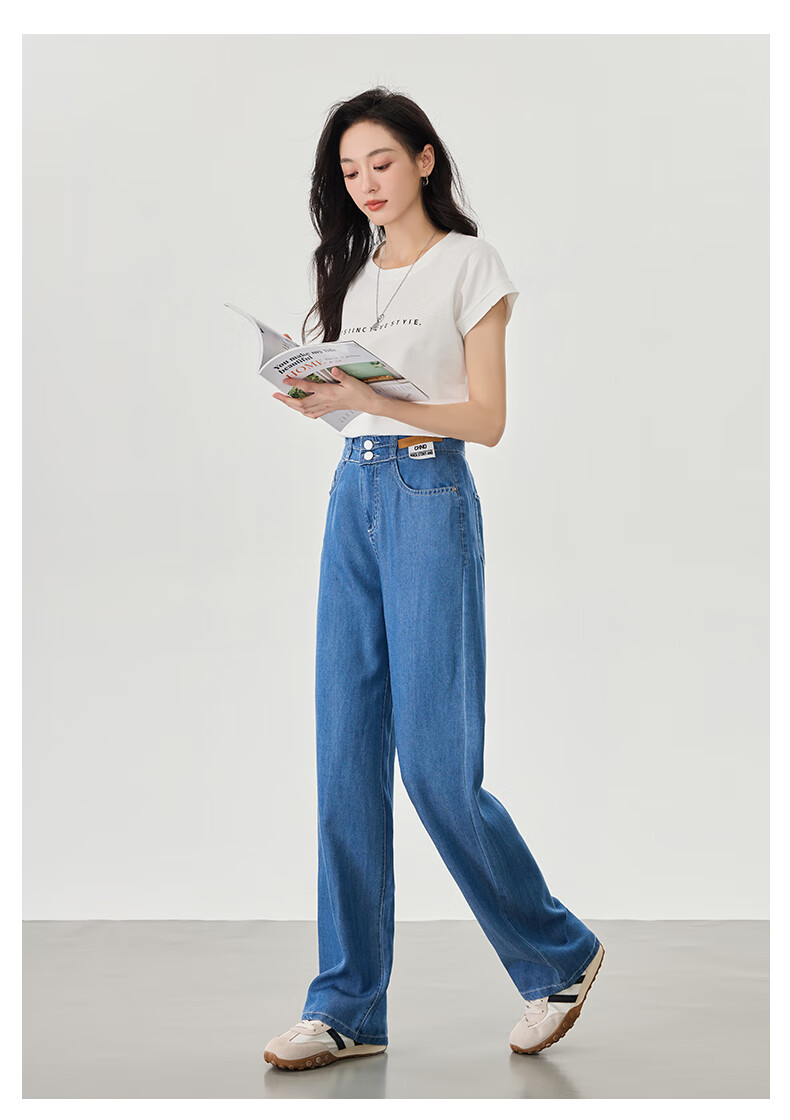 LangSha Tencel Straight-Leg Jeans for Women, Summer Lightweight High-Waist Double-Buckle Slimming Ice Silk Floor-Length Wide-Leg Pants 14