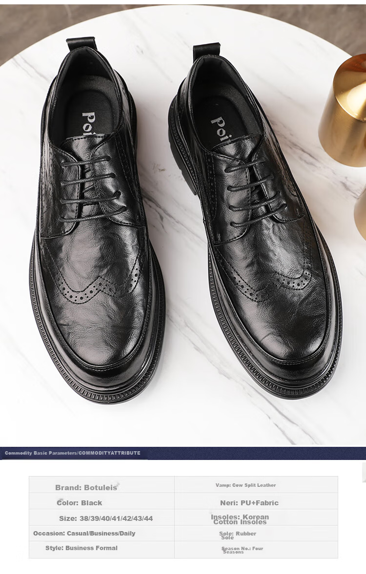 Poitulas Men's Low-Top Lace-Up Shoes with Hand-Grab Texture, Business Casual Shoes, British Brogue Wedding Shoes, 2996 Black, Size 39 3