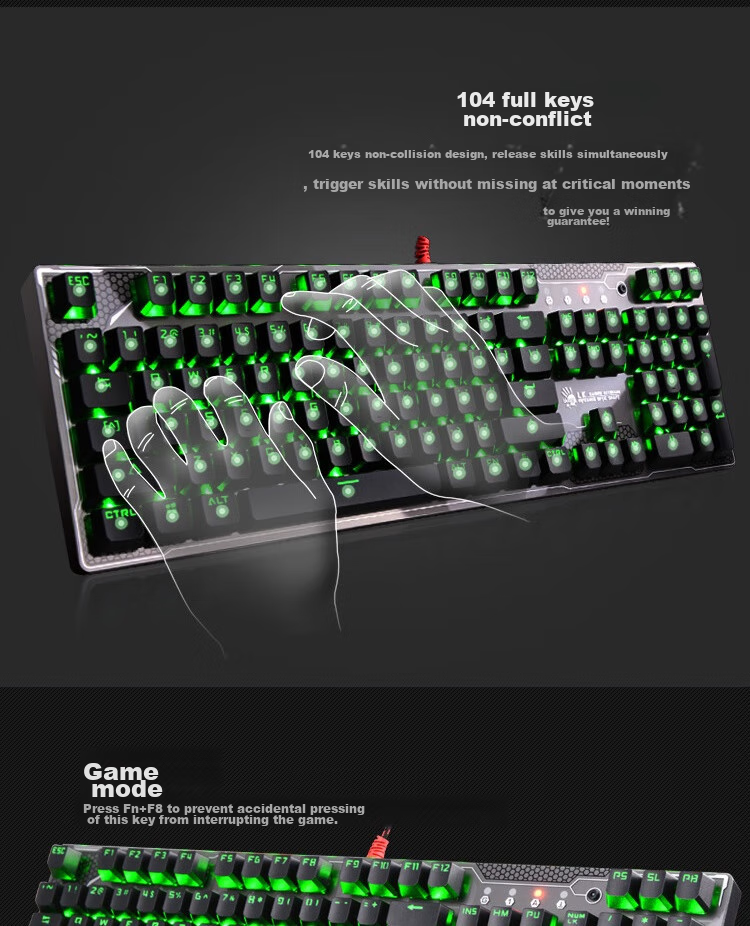 A4TECH B770, 104-Key Mechanical Keyboard, Wired Gaming Keyboard with Optical Switches, Mechanical Gaming Keyboard for Esports, Blood Hand Phantom, Optical Switch, Battlefield Gray, Wired 4