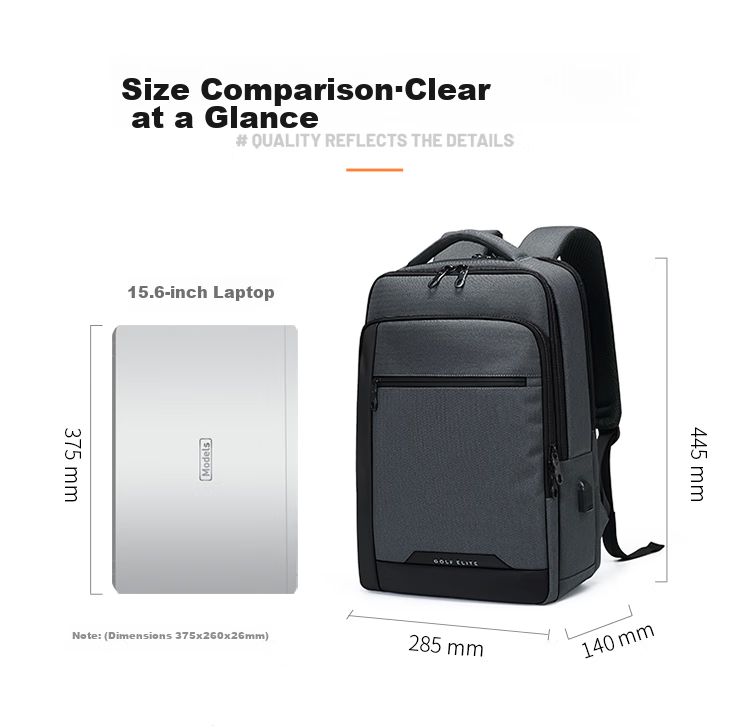 GOLF Backpack for Men, Large Capacity 15.6-Inch Laptop Backpack, USB Interface with Multiple Compartments, Business Casual Travel Bag for Students, Dark Gray with Black 18