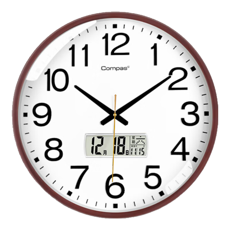 Compas Wall Clock, Living Room Quiet Simple Quartz Clock, New Style Timepiece, 3441A Calendar Model, Oak Color