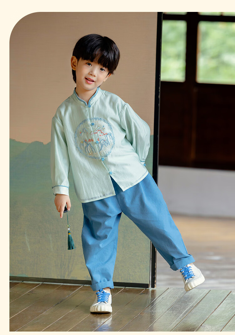 Menghu Qianshan Hanfu Boys' Spring And Autumn New Style Children's Tang Suit Chinese-Style Boys' Performance Costume Blue Top Size 90 10