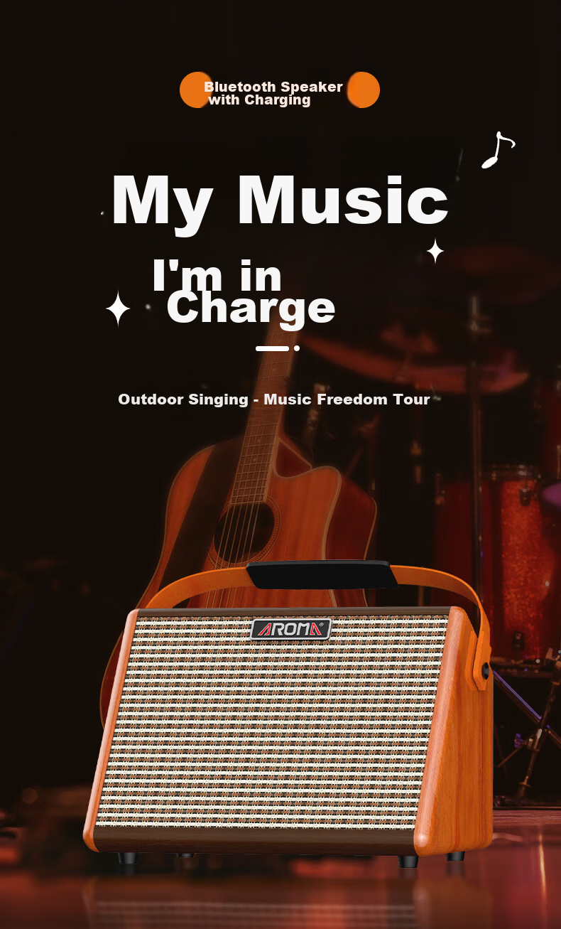 AROMA Acoustic Guitar 15W Folk Speaker, Singing Rechargeable Portable Outdoor Bluetooth Musical Instrument Smart Speaker AG-15A 1