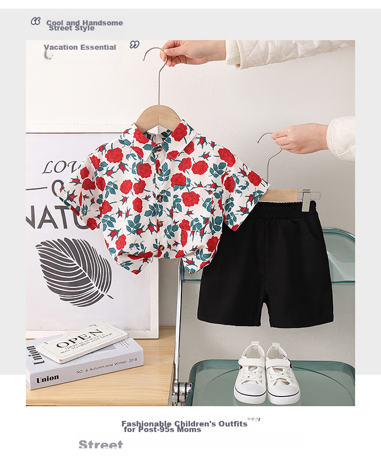 LUOBOBEIBEI Children's Shirt Summer Short-Sleeve Shirt Cool Boy Casual Dress Pants Set, Shirt Two-Piece Set, Size 140 1