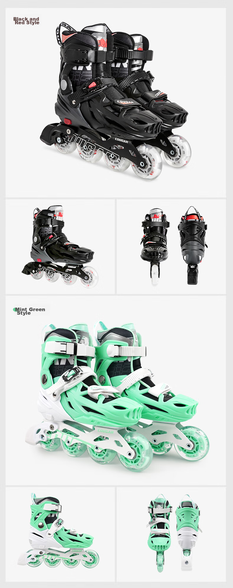 COUGAR Adult Adjustable Full-Flash Roller Skates, Flat Floral Casual Dual-Purpose Inline Skates, Green And White, Size L (36-39) 14