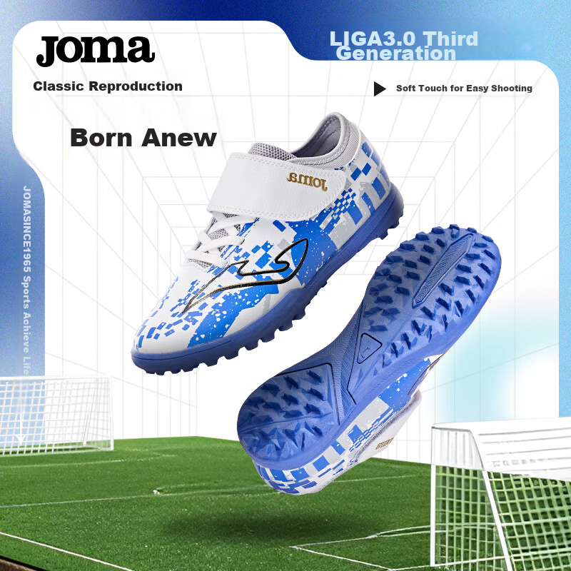JOMA Soccer Shoes for Children, TF Turf Cleats for Boys And Girls, Youth Elementary School Students' Classic Replica Football Training Shoes, White And Blue, Size 35