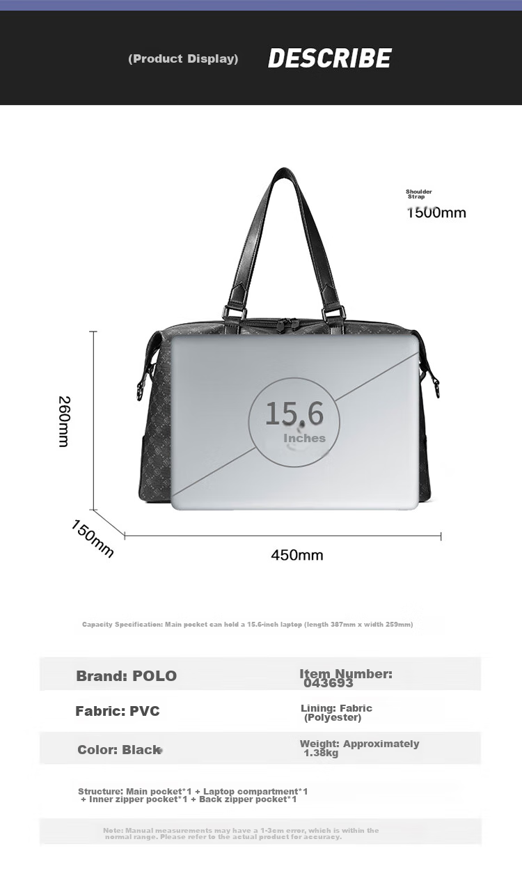 POLO Travel Bag, Men's Handbag, Shoe Compartment, Business Trip, Gym Bag, Sports Luggage Bag, Large Capacity Storage Bag 15