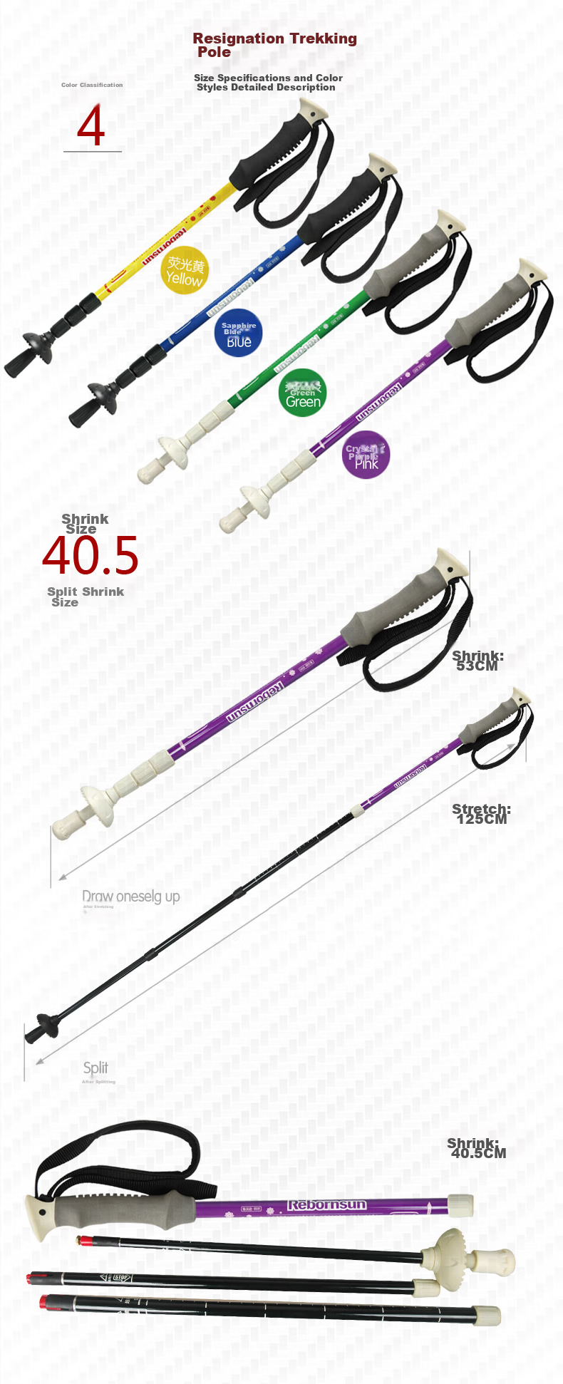 Lubinxun Rebornsun Carbon Fiber Ultra-Light Four-Section Ultra-Short Portable Outdoor Trekking Pole, Jieshan, Sapphire Blue 6
